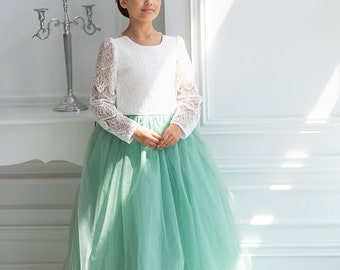 Salbeigrünes Blumenmädchenkleid - Boho Rustikales Spitzen-Tüllkleid, Elfenbein-Kleinkind-Mädchenkleid, weißes Baby-Hochzeits-Outfit