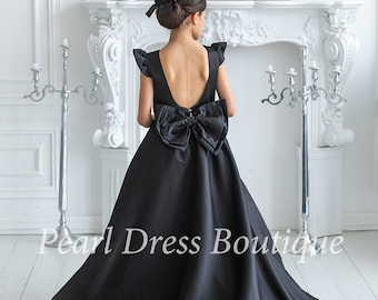 Vestido de flor de cetim, vestido de flor de tule, vestido de flor preto, vestido de dama de honra júnior, vestido de casamento de menina, vestido de flor tutu