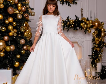 Long sleeve flower girl dress First Communion dress Satin girl dress Baby wedding dress Ball gown Ivory flower girl dress Toddler girl dress