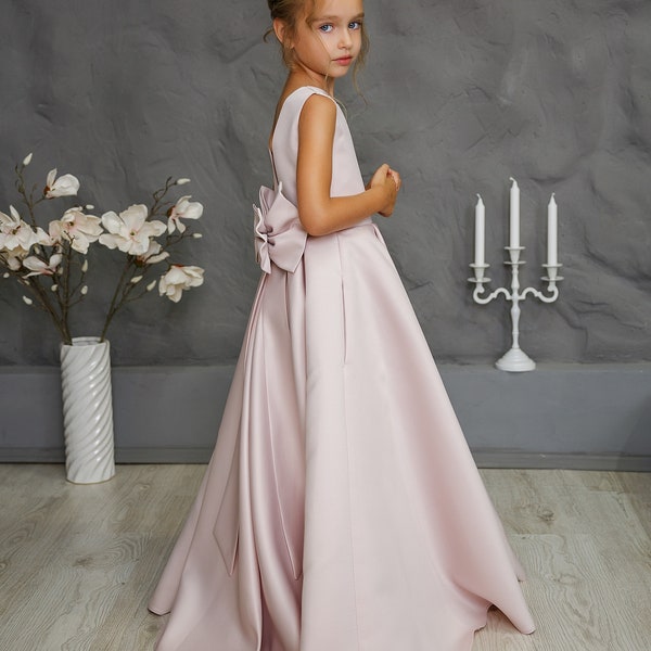 Rustic Flower girl dress, Satin Girl dress, Junior bridesmaid dress, Girl wedding dress,Baby formal dress, Toddler girl dress,Girl ball gown