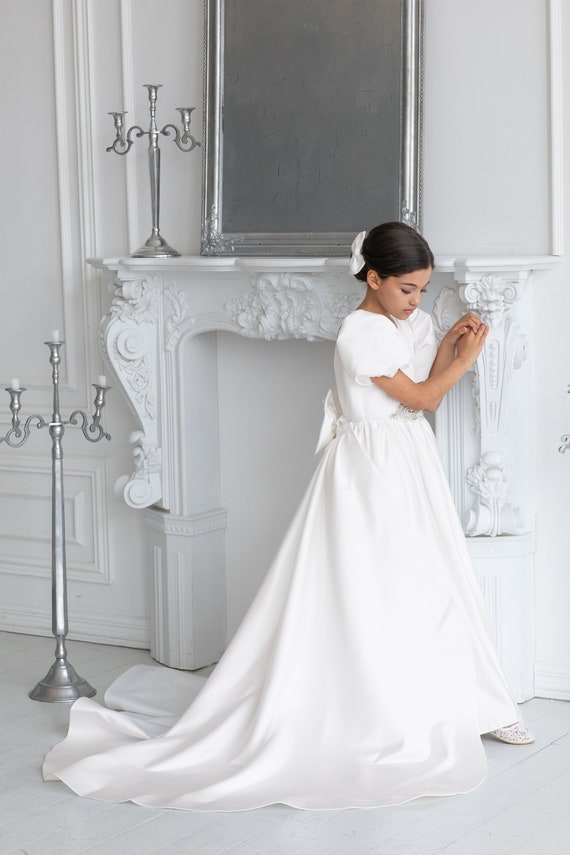ivory chiffon dress with sleeves MissJophiel Corset Ivory Chiffon Long Wedding Dress with Removable Puff Sleeves Ivory / Floor Length / US4 main image 1