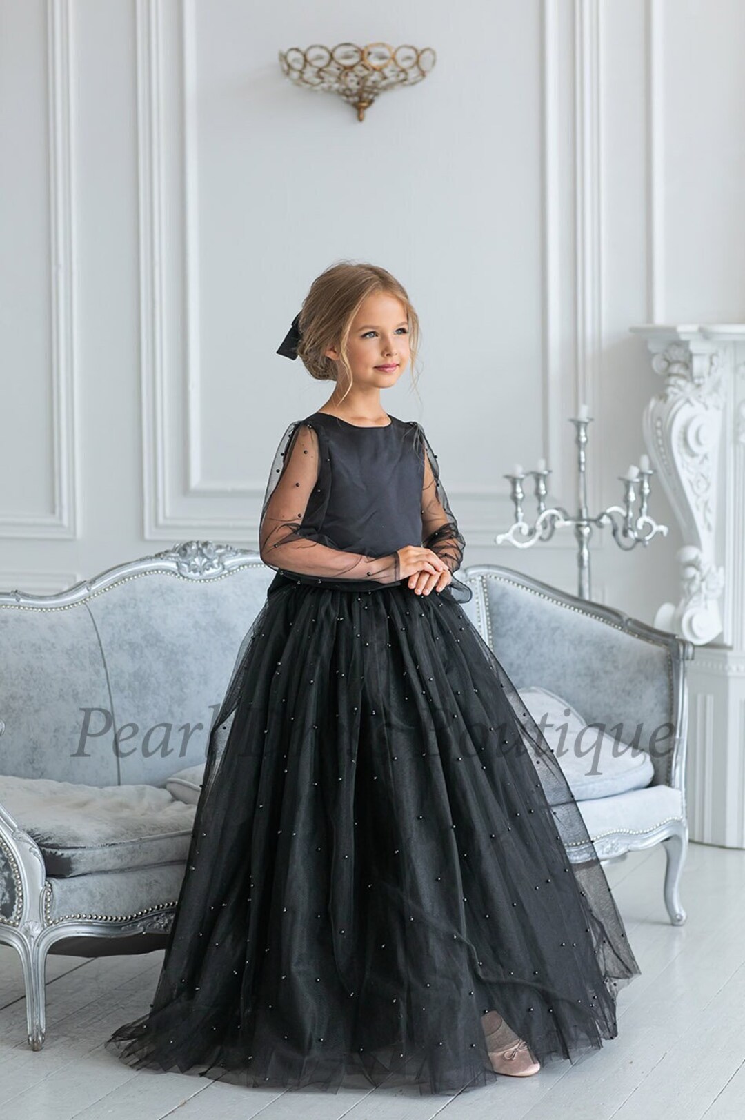 Dress With Pearls,toddler Black Dress,black Flower Girl Dress,tutu