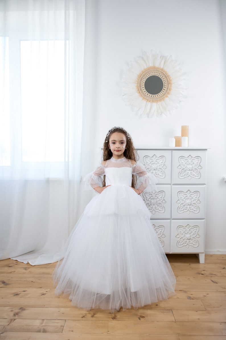Girls White First Communion Dress with Floral Embroidery & Tulle Skirt