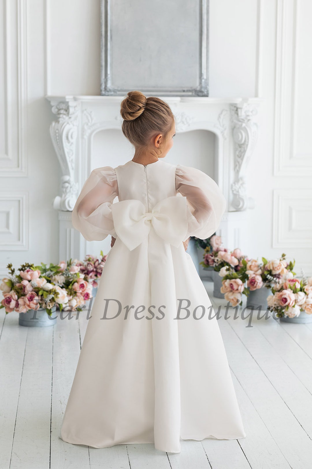 Ivory Long Sleeve Holy Communion Dress – Lace Tulle Flower Girl Ball ...