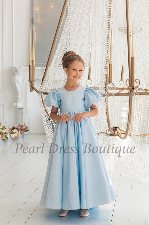 Light blue flower girl dress, Toddler ball gown, Satin girl dresses, Baby wedding dress, Toddler birthday dress, Junior bridesmaid dress