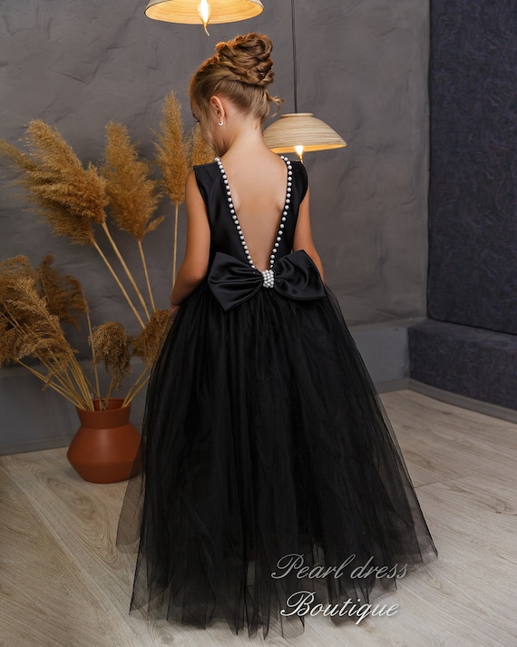 girls formal black dress Black satin tulle long sleeves formal Fancy dress for special occasion bridesmaid party wedding pageant bitrhday photoshoot Christmas