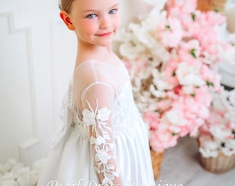 Long sleeve flower girl dress,White flower girl dress,White tulle flower girl dress,Сommunion dress,Girl tutu dress,Birthday girl dress
