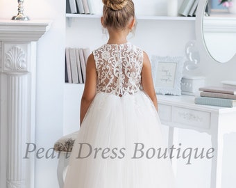 Vestido de niña de las flores color marfil, Vestido de niña de las flores con encaje, Vestido de dama de honor juvenil, Vestido de novia para niña, Vestido de niña de las flores para niña pequeña, Vestido de niña con tutú