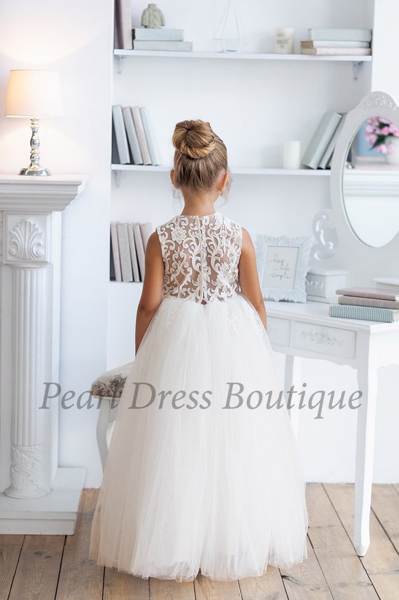 juniors ivory lace dress Ivory Jewel Neck Lace Short Sleeves Floor-Length A-Line Lace Kids Social Party Dresses, Ivory / 2 Years old