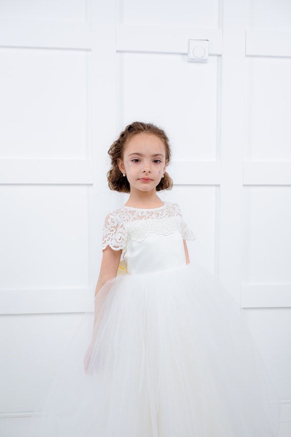 FYMNSI Vestito Lungo Principessa Per Bambina – Tulle E Pizzo, Maniche 3/4, Per Matrimoni E Comunioni, Rosso, 4-14 Anni