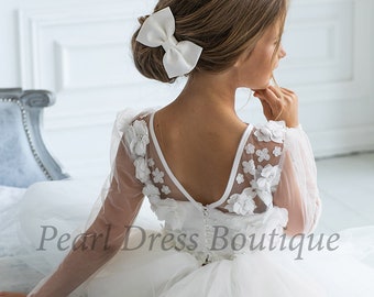 Ivory flower girl dress, Flower girl dress, Girl wedding dress, Birthday dress, Satin girl dress,Tulle flower girl dress,Girl ball gown