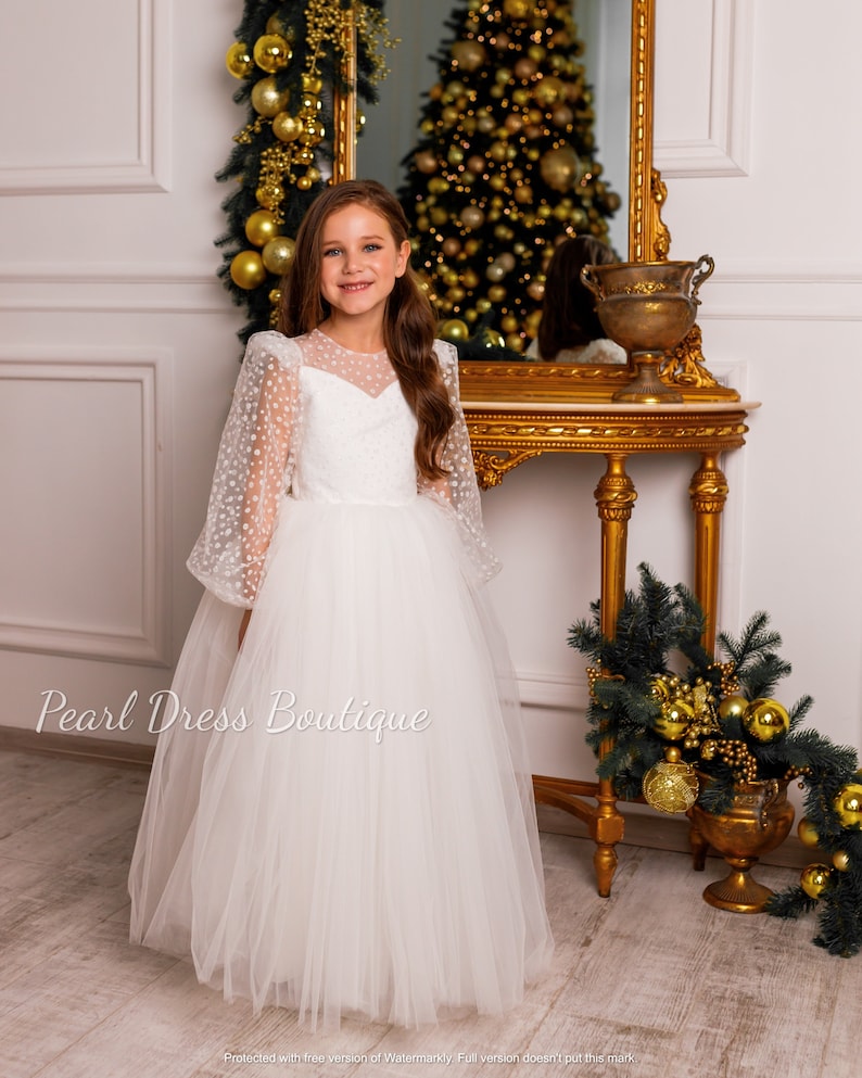 Flower Girl Dress Long Sleeve Tutu Girl Dress Ivory Flower Etsy