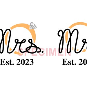 Mevrouw en meneer SVG Bruiloft gesneden bestand Huwelijk svg png jpeg trouwring Est 2023 Huwelijkscadeau idee Mijnheer en mevrouw t-shirt DIY