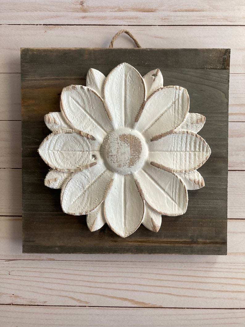 Image showcasing Whitewash Carved Wood Flower Wall Art: Rustic Gray Pallet Decor - Etsy