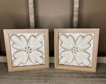 Set of Two Rustic Elegant White Wood Flower Wall Art in Box Frames / Mantle Decor Shelf Wood Flower Art / Farmhouse Wall Decor