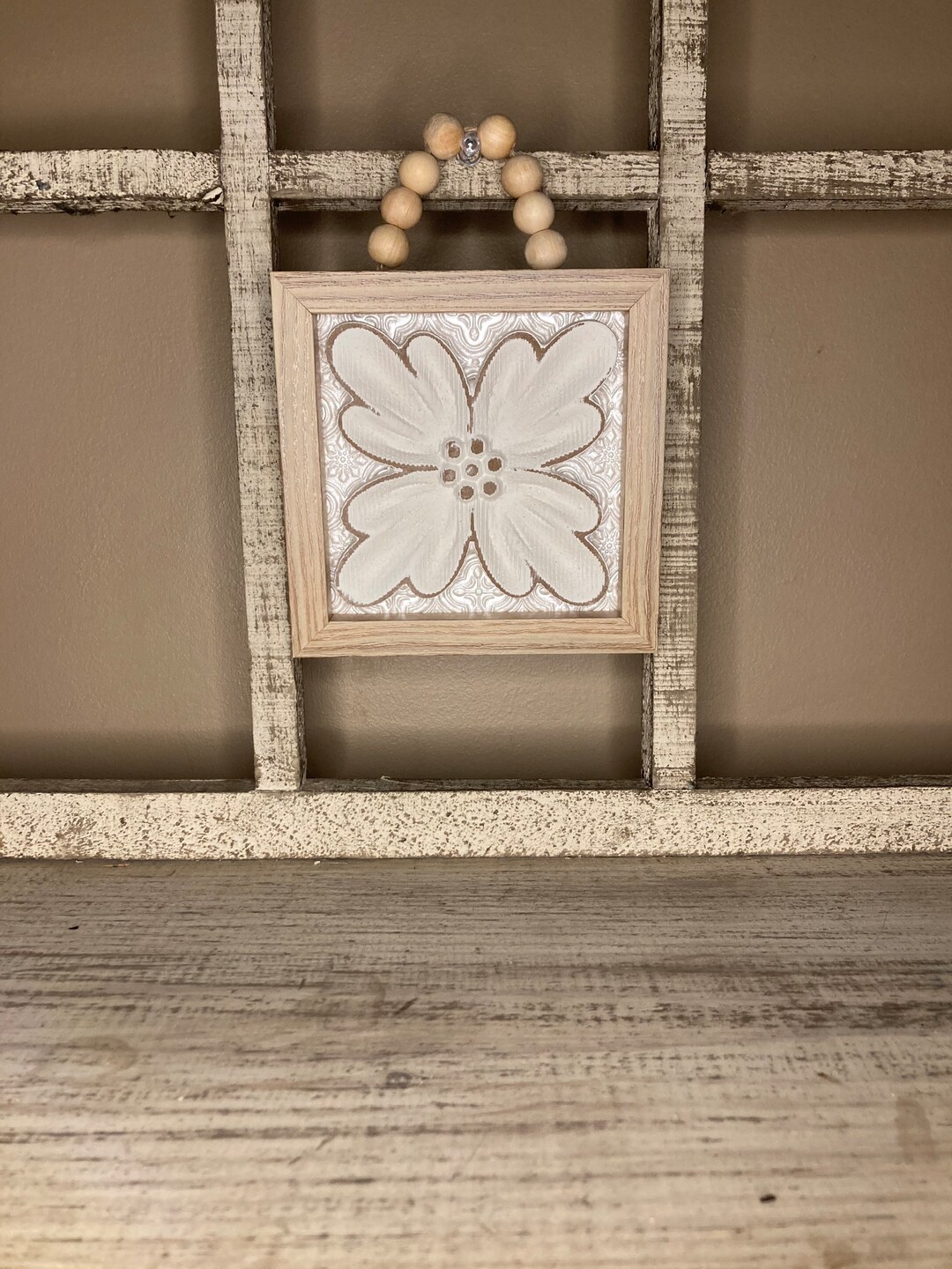 Rustic Elegant White Wood Flower Wall Art in Box Frame / Mantle Decor