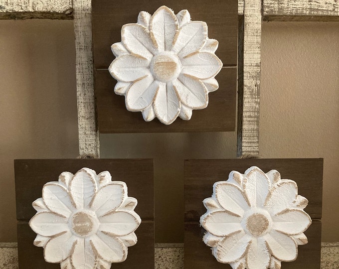 Set of 3 Carved Wood Flower Wall Decor/rustic Farmhouse Etsy