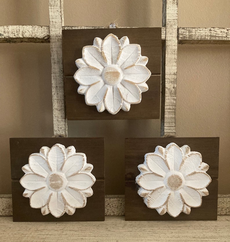Set of 3 Carved Wood Flower Wall Decor/rustic Farmhouse Etsy