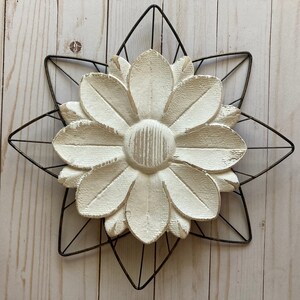 White Rustic Wood Flower on Distressed Gold Metal Background Wall Art