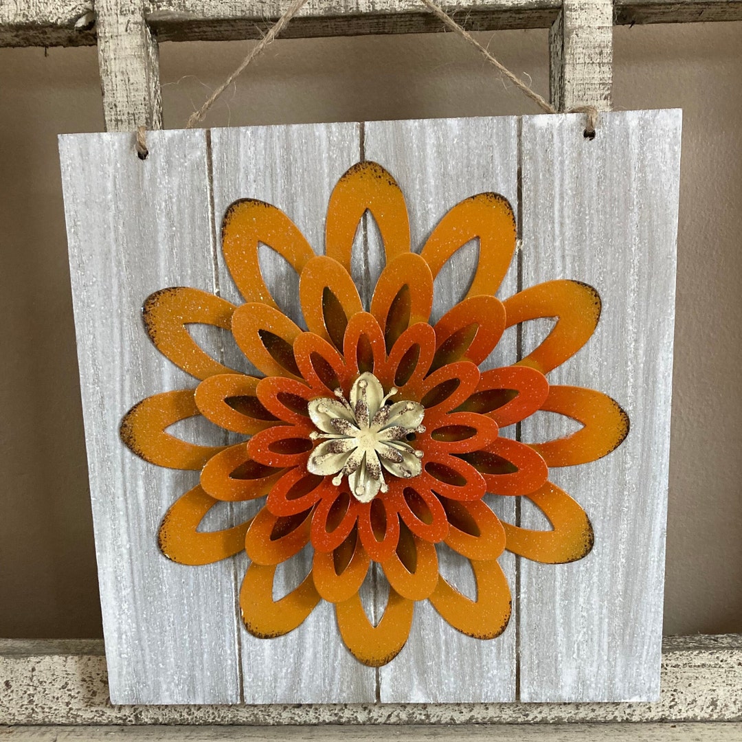Tangerine Orange Metal Flower Wall Art Decor, Farmhouse, Country