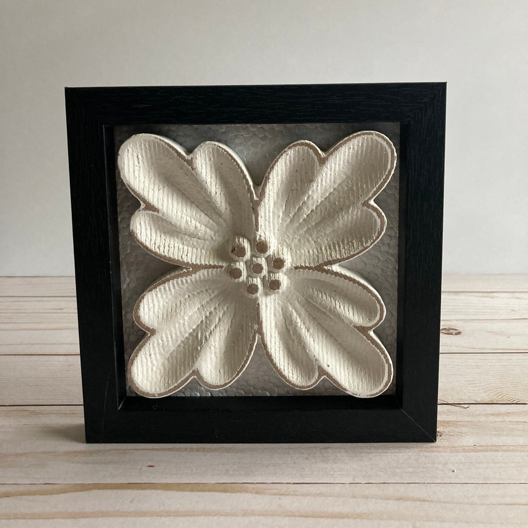 Rustic Elegant White Wood Flower Wall Art in Box Frame / Mantle Decor