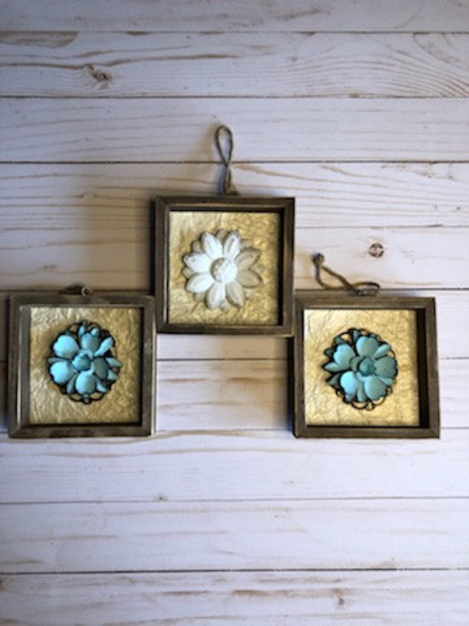 Small Trio of Metal Flowers in Rustic Box Frames / White and Turquoise