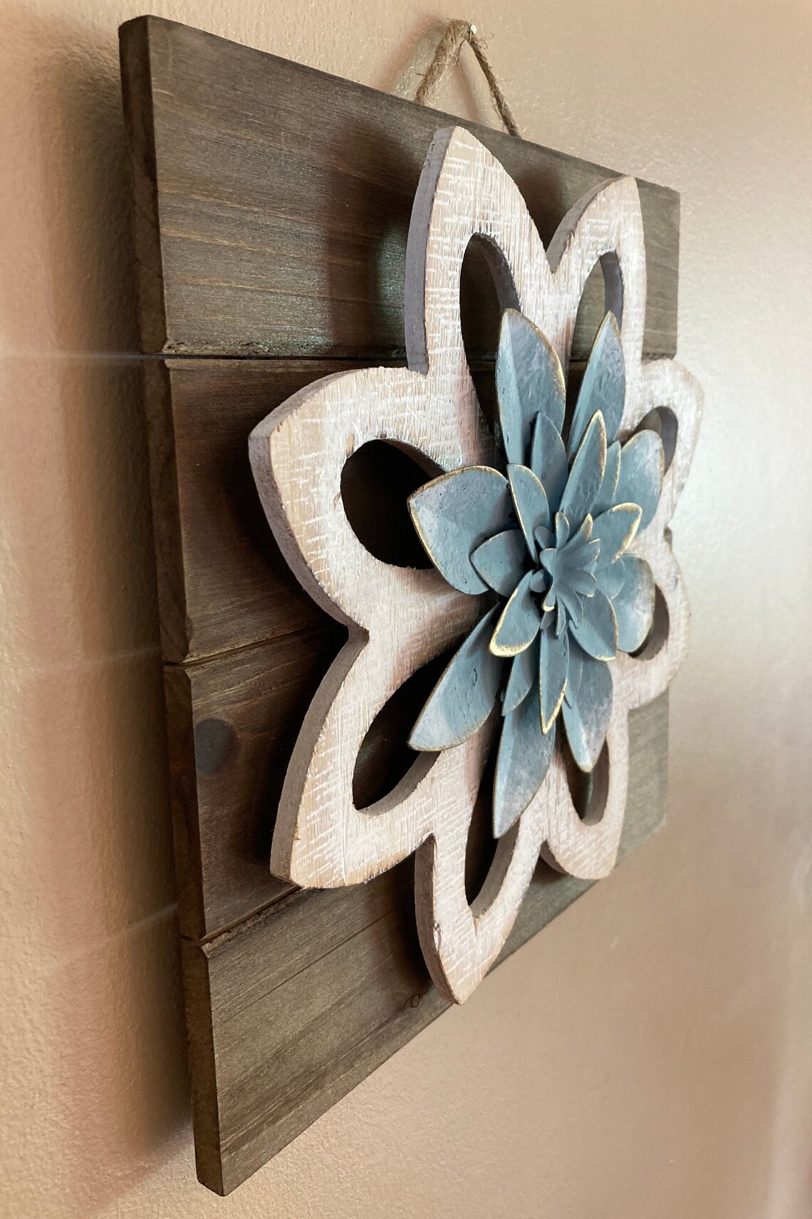 Whitewash Rustic Flower Wood Wall Decor / Farmhouse Blue and Etsy