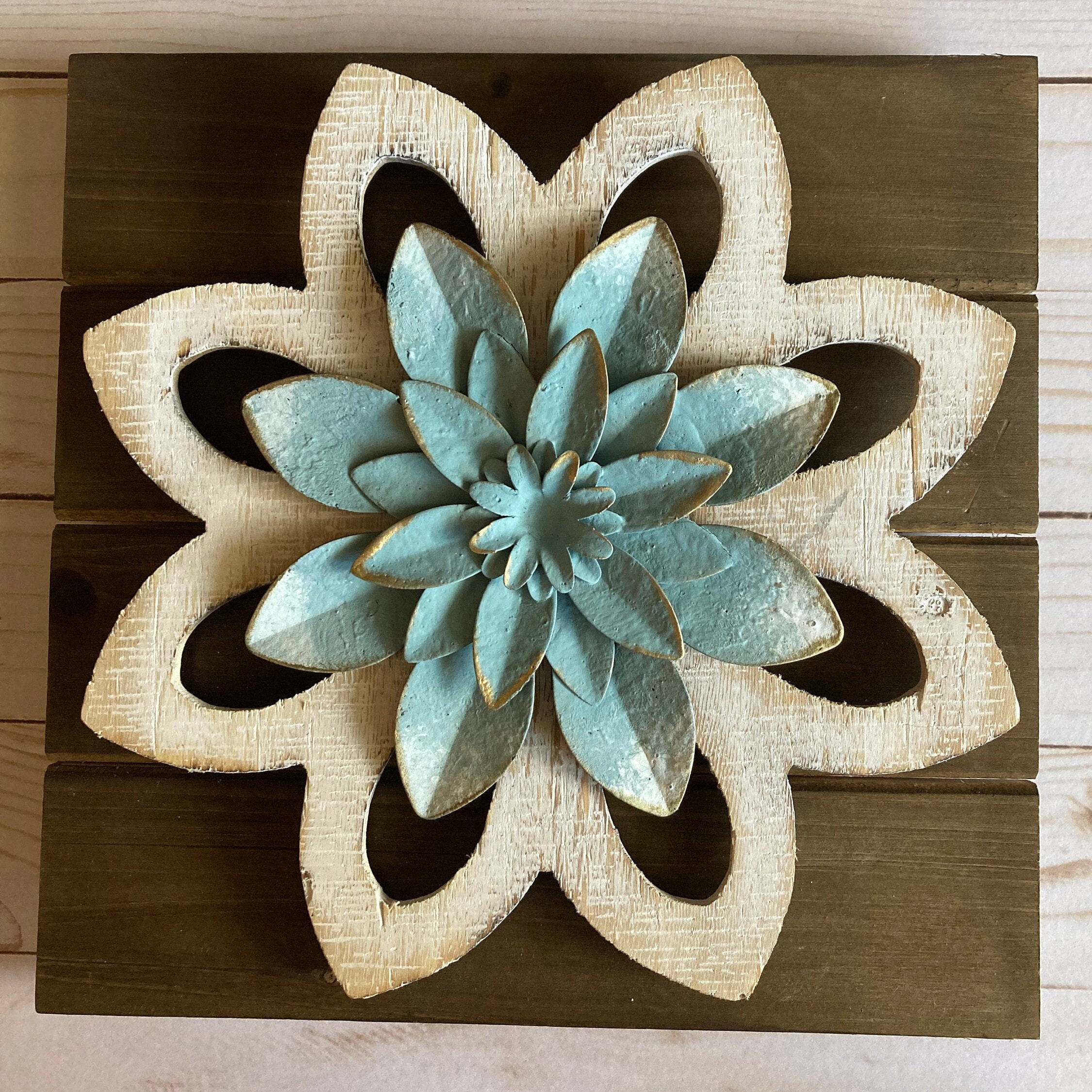 Whitewash Rustic Flower Wood Wall Decor / Farmhouse Blue and Etsy