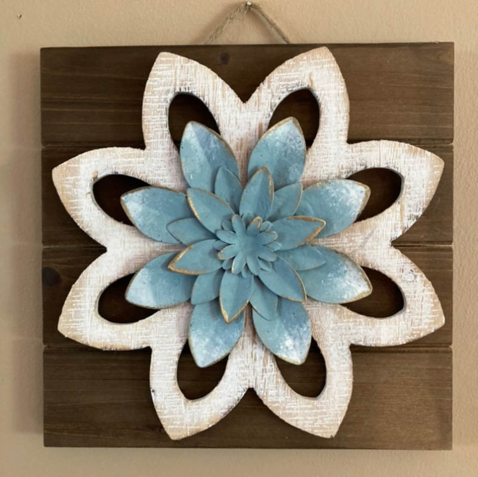 Whitewash Rustic Flower Wood Wall Decor / Farmhouse Blue and Etsy