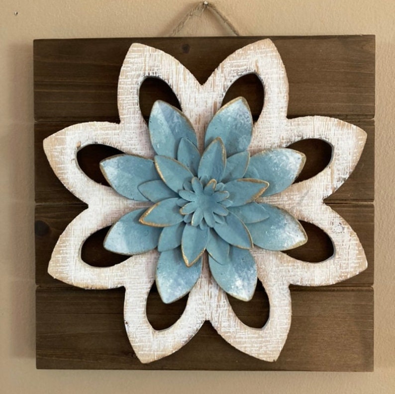 Whitewash Rustic Flower Wood Wall Decor / Farmhouse Blue and Etsy