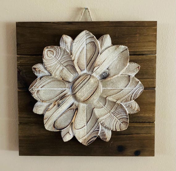 Natural Wood Flower With Minimal Whitewash Wall Art on Dark Stain