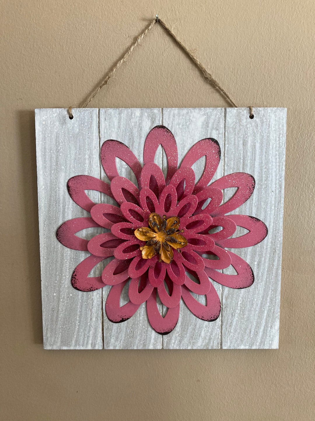 Pink Metal Flower Wall Art Decor, Farmhouse, Country, Rustic, Flower Mounted on Whitewash Pallet