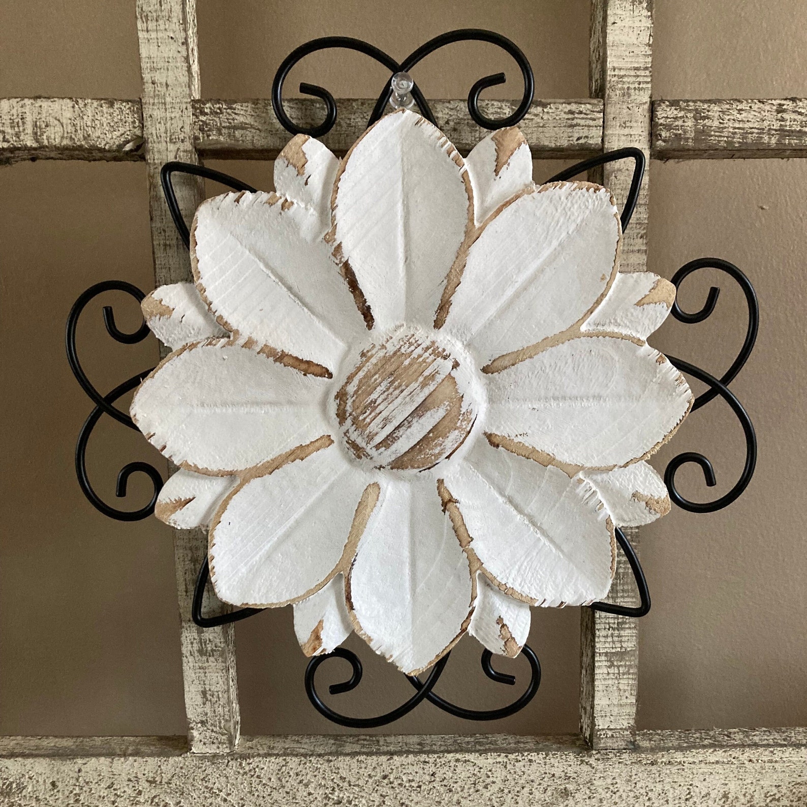 Whitewash Wood Flower on Black Metal Frame Wall Decor Black Etsy