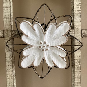 White Rustic Wood Flower on Distressed Gold Metal Background Wall Art