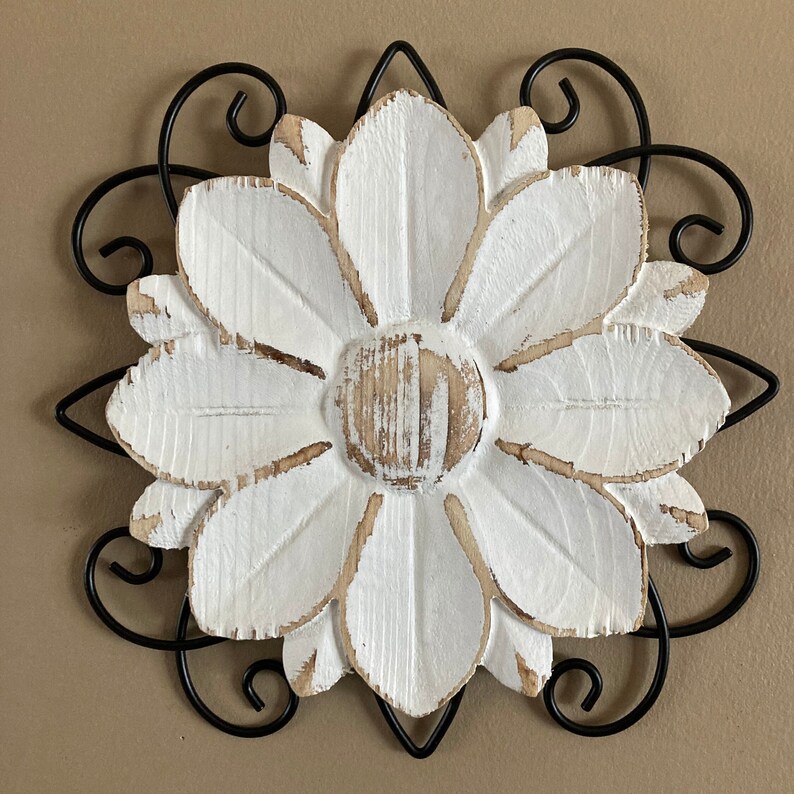 Whitewash Wood Flower on Black Metal Frame Wall Decor Black Etsy