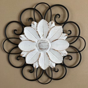 Round Metal Mahogany Swirl with Attached White Wood Flower Wall Decor, Farmhouse/Rustic Wall Decor, Elegant Wall Art