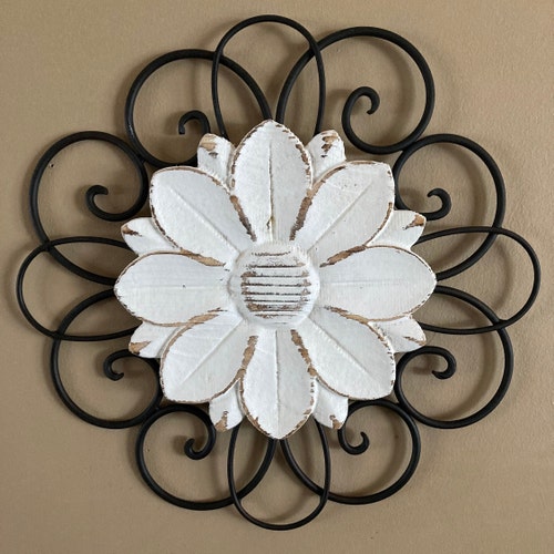 Round Metal Mahogany Swirl With Attached White Wood Flower Etsy