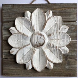 Carved Rustic Whitewash Wood Flower on Stained Wood Pallet Wall Art Decor