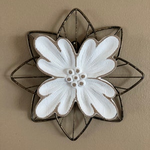 Rustic White Wood Flower on Distressed Gold Metal Wall Art