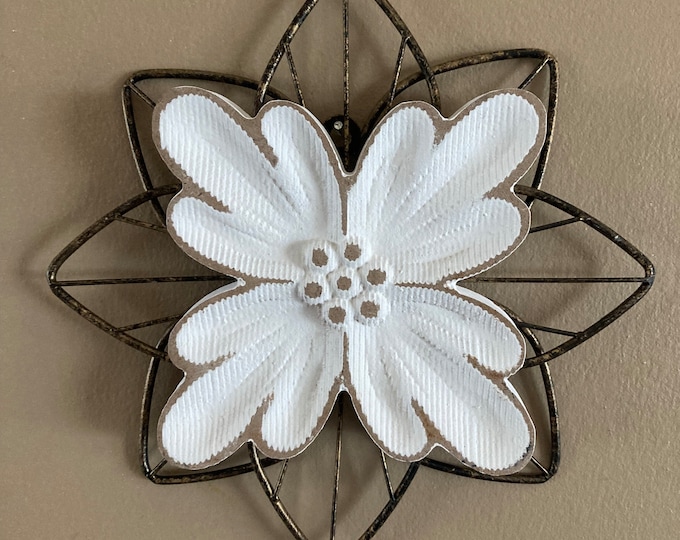 White Rustic Wood Flower on Distressed Gold Metal Background Wall Art