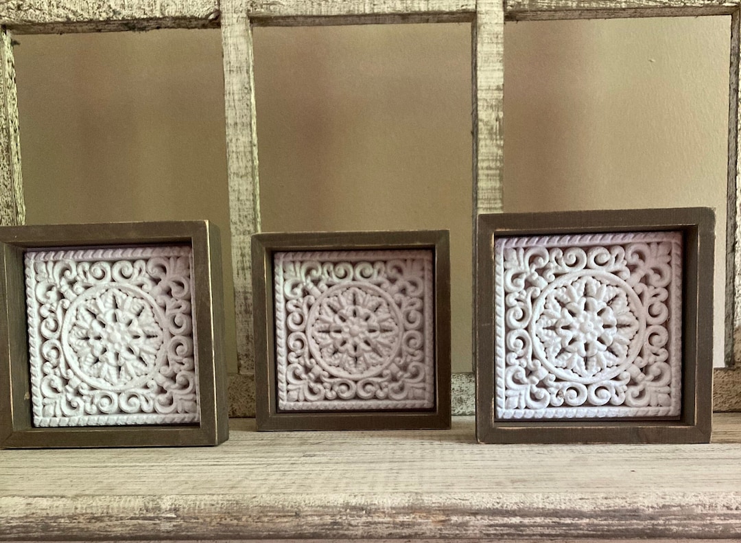 White Wood Medallion Wall Art / Table Top Medallion Decor / 3 Piece