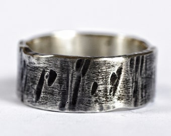 Wedding unique rings, wedding band ring, rustic silver band ring, forged wedding ring, bark ring, silver hammered ring