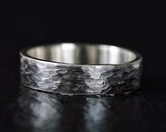 Unique wedding band, rustic oxidized sterling silver hammered ring, band ring for men, thumb ring, personalized ring