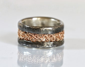 Fede nuziale originale in argento e oro gold filled 14 k, anello matrimonio a fascia, anello vichingo, anello fidanzamento