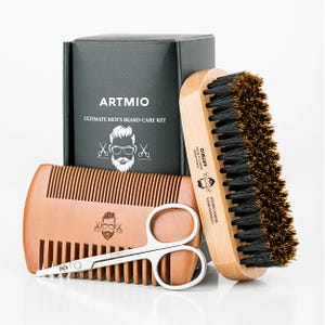 May include: A beard care kit with a wooden comb, a wooden brush, and stainless steel scissors. The kit includes a black box with the text "ARTMIO ULTIMATE MEN'S BEARD CARE KIT" and a logo of a man with a beard.