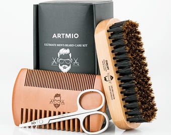 Beard Brush For Men Beard Comb Set Mustache Scissors Grooming Kit, Natural Boar Bristle Brush, Wood Comb, Beard Comb Set, Mustache Scissors
