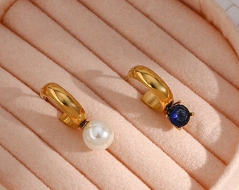 Asymmetrical Pearl Crystal Charm Gold Hoop Earrings Royal Blue Zircon Stone, Stainless Steel Earrings Gold Plated earrings