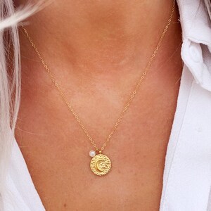 Natural Pearl Moon Coin Pendant, 18k Gold Plated Embossing Moon Plate Necklace