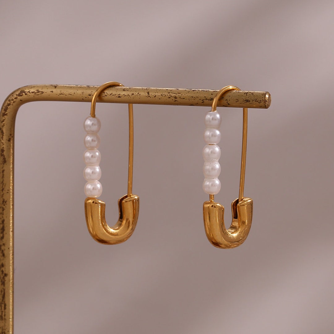 Safety Pin Hoop Earrings Dainty Safety Pin Pearl Earring 18k Etsy