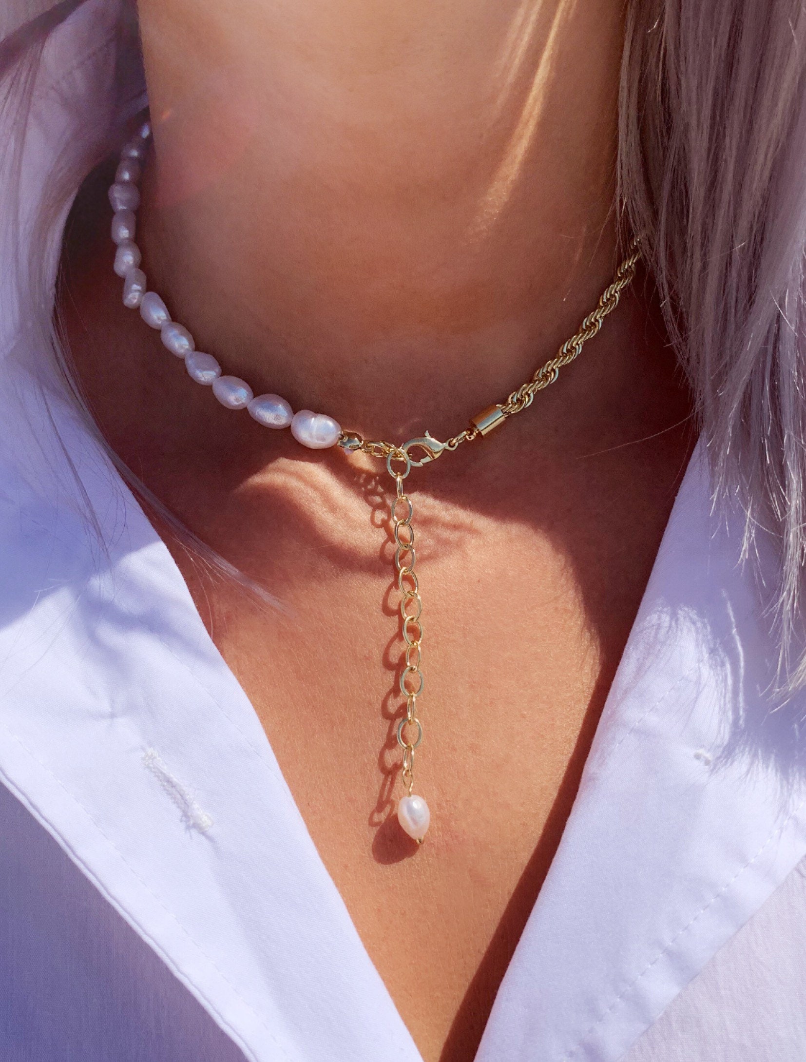 18K Gold Half Pearl Half Rope Chain Choker Necklace Twist Etsy
